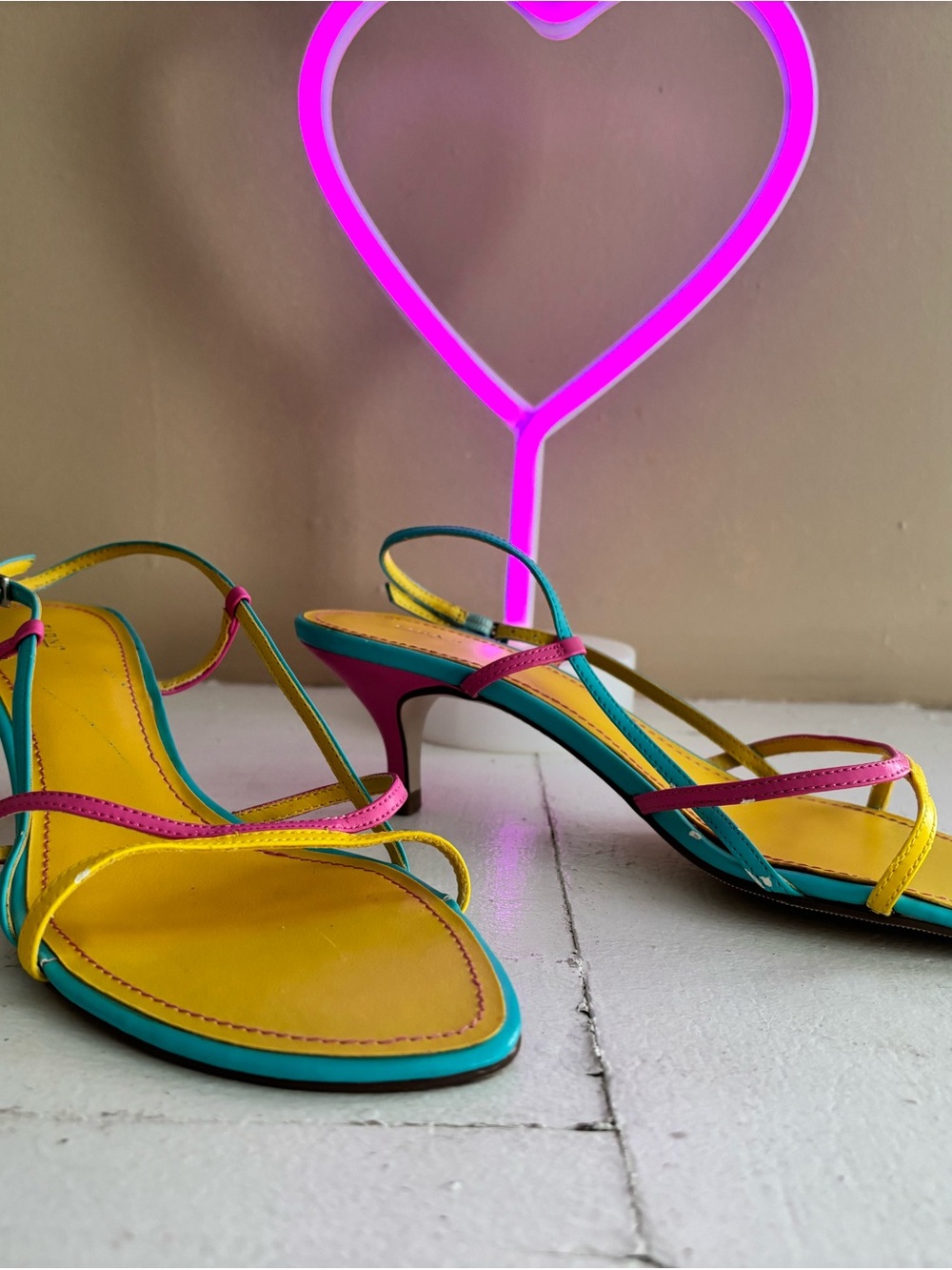 Fioni Y2K Colorblock Strappy Kitten Heels Pink Aqua Yellow 8.5